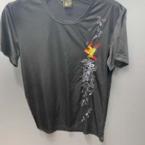 Black Embroidered Bird & Floral Shirt – Size M